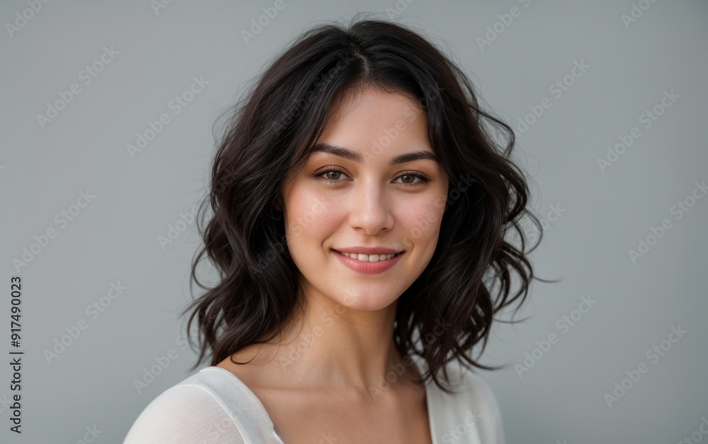 Soft gray backdrop with smiling woman and wavy black hair Soft gray backdrop with smiling woman and wavy black hair