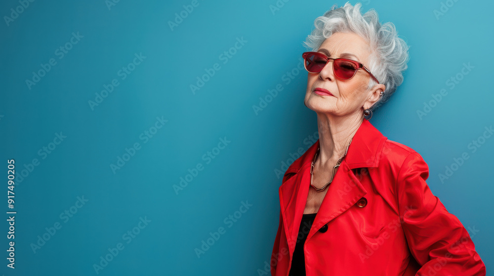 A stylish elderly woman with short, silver hair, wearing a red jacket and chic sunglasses, standing confidently against a blue background A stylish elderly woman with short, silver hair, wearing a red jacket and chic sunglasses, standing confidently against a blue background