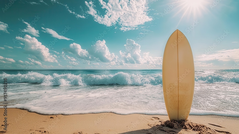 Surfboard standing upright in the sand on a sunny beach with waves crashing in the background Surfboard standing upright in the sand on a sunny beach with waves crashing in the background