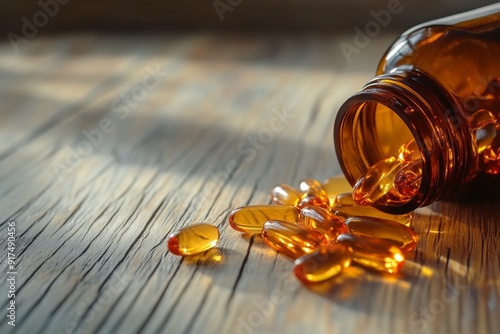 Concept of fish oil , Fish oil flows out of amber colored medicine bottle on wooden table , Generative AI photo