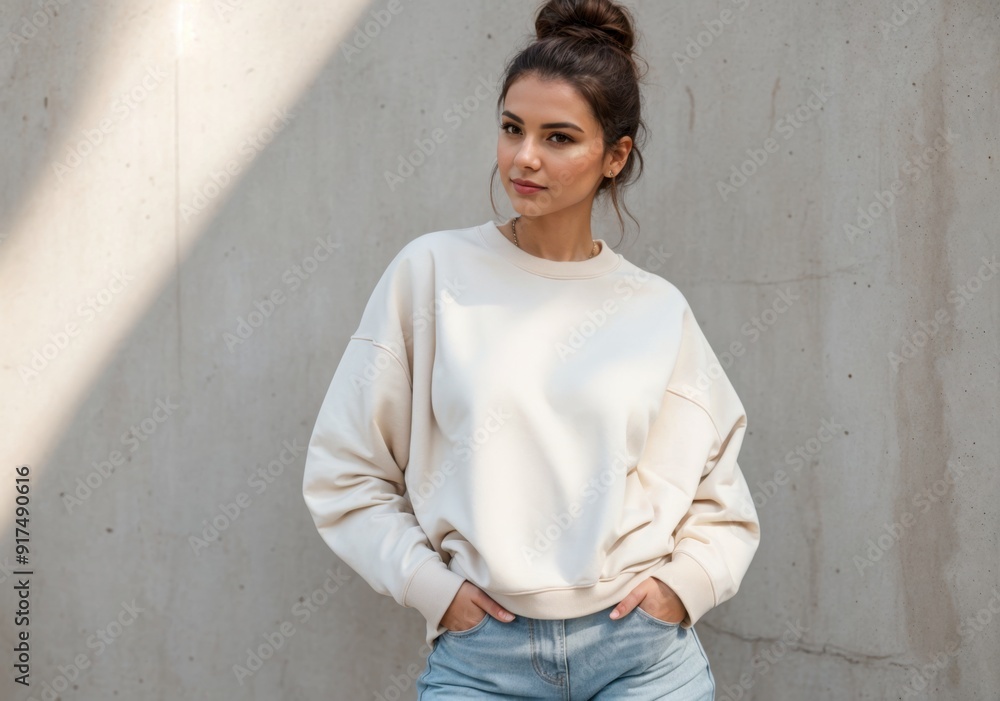 Stylish lady wearing white sweatshirt poses gracefully near cement wall Stylish lady wearing white sweatshirt poses gracefully near cement wall