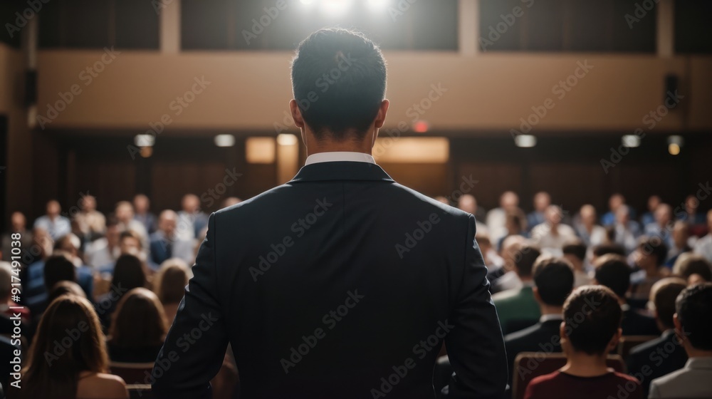 Suited gentleman addresses immersed assembly in dim-lit room Suited gentleman addresses immersed assembly in dim-lit room