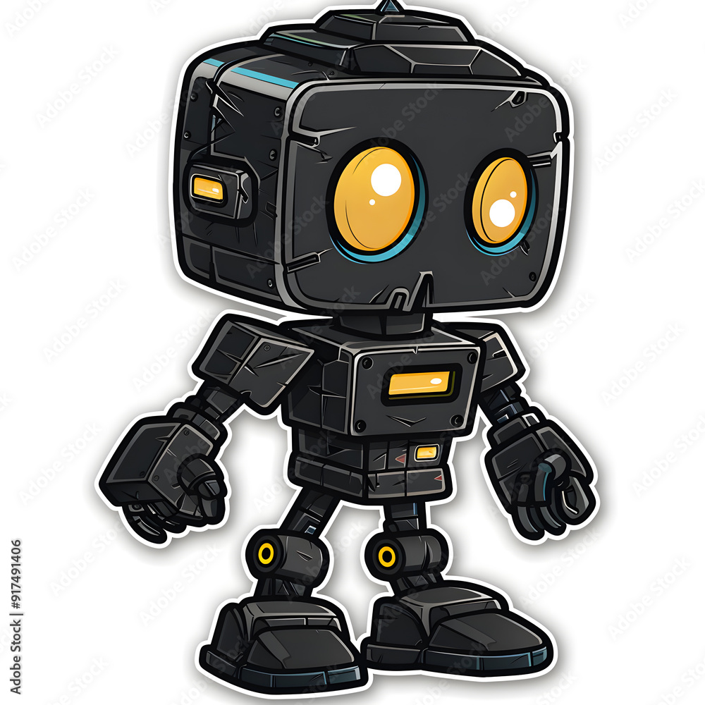 A fictional character toy robot with yellow eyes is positioned on a white backdrop, resembling a camera accessory. This machine stands out in its unique design A fictional character toy robot with yellow eyes is positioned on a white backdrop, resembling a camera accessory. This machine stands out in its unique design