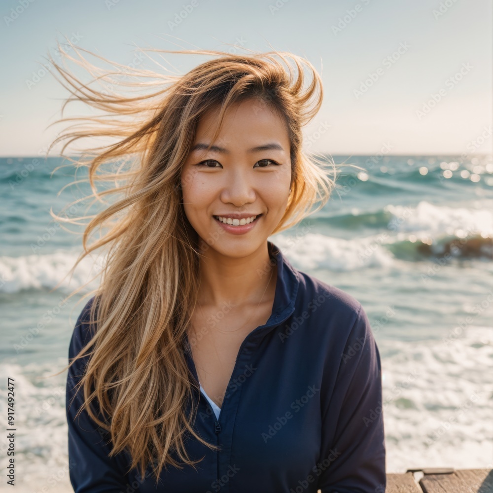 Thrilled woman with windswept hair admiring the sunlit waters Thrilled woman with windswept hair admiring the sunlit waters