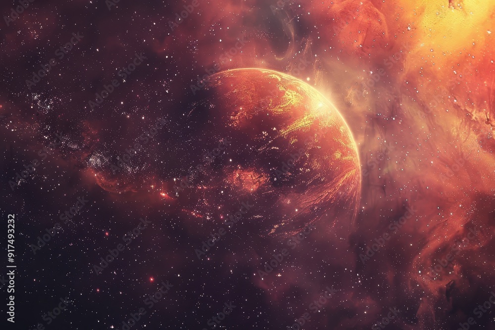 Breathtaking digital painting of a distant planet engulfed in a vibrant cosmic storm. Breathtaking digital painting of a distant planet engulfed in a vibrant cosmic storm.