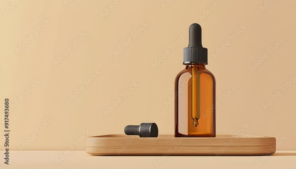 Amber Glass Bottle with Dropper on Wooden Tray Against a Beige Background Illustration Amber Glass Bottle with Dropper on Wooden Tray Against a Beige Background Illustration