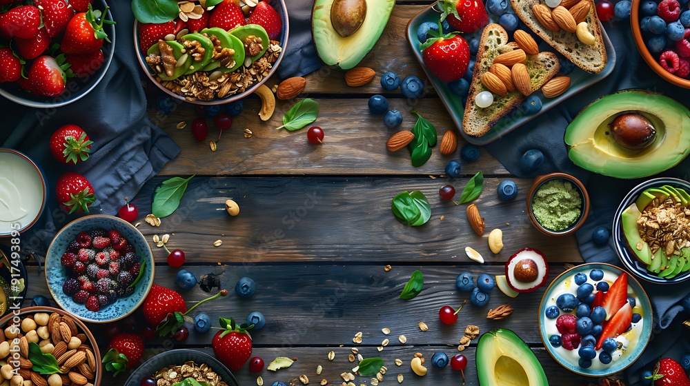healthy food table top view featuring avocado toast, fresh fruits like strawberries and blueberries, bowls of yogurt with granola and nuts, directly above view, all arranged on a rustic wooden table. healthy food table top view featuring avocado toast, fresh fruits like strawberries and blueberries, bowls of yogurt with granola and nuts, directly above view, all arranged on a rustic wooden table.