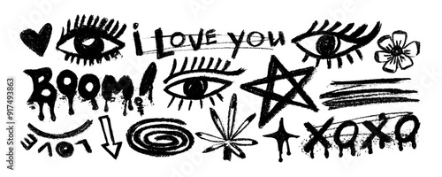 Collection of hand drawn charcoal doodle shapes and squiggles in childish girly style. Eyes, stars, flower, arrows and quote xoxo, boom, love,  doodle collage elements. Pencil drawn vector elements. 
