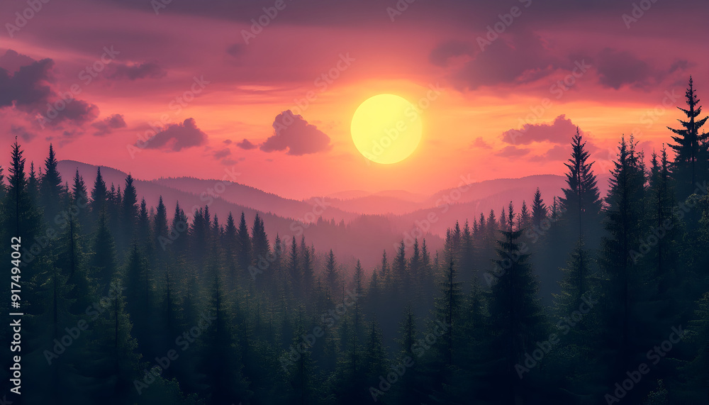 Beautiful sunset in a dense pine forest, capturing the beauty of northern nature in this landscape illustration Beautiful sunset in a dense pine forest, capturing the beauty of northern nature in this landscape illustration