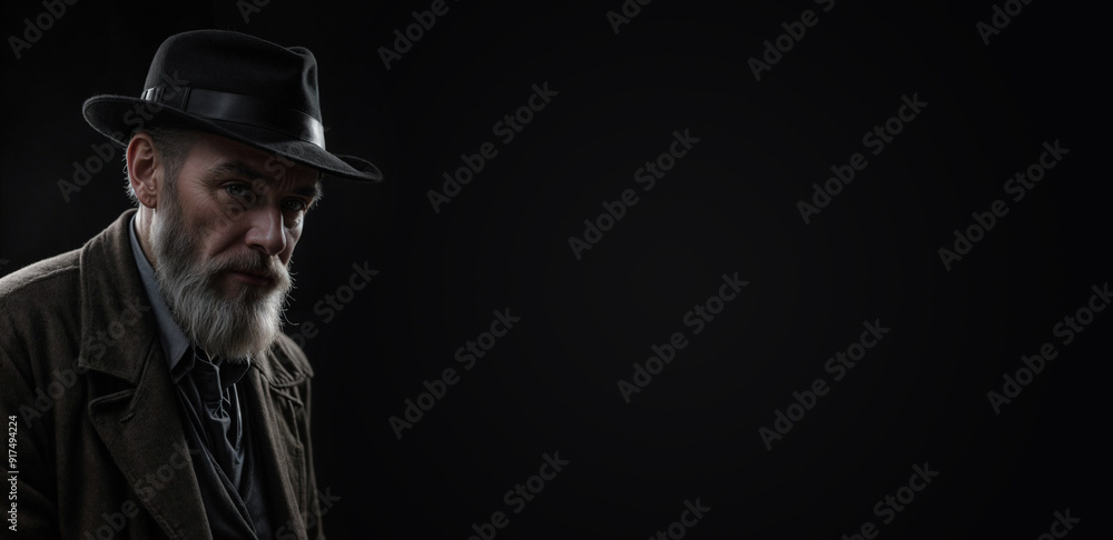 old bearded detective in a hat on a black background with empty space for text old bearded detective in a hat on a black background with empty space for text
