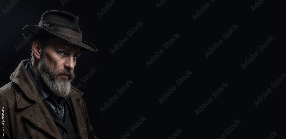 old bearded detective in a hat on a black background with empty space for text old bearded detective in a hat on a black background with empty space for text