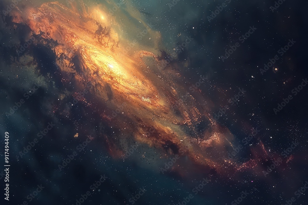 Fototapeta premium Glowing spiral galaxy with bright center and glowing dust in deep space.