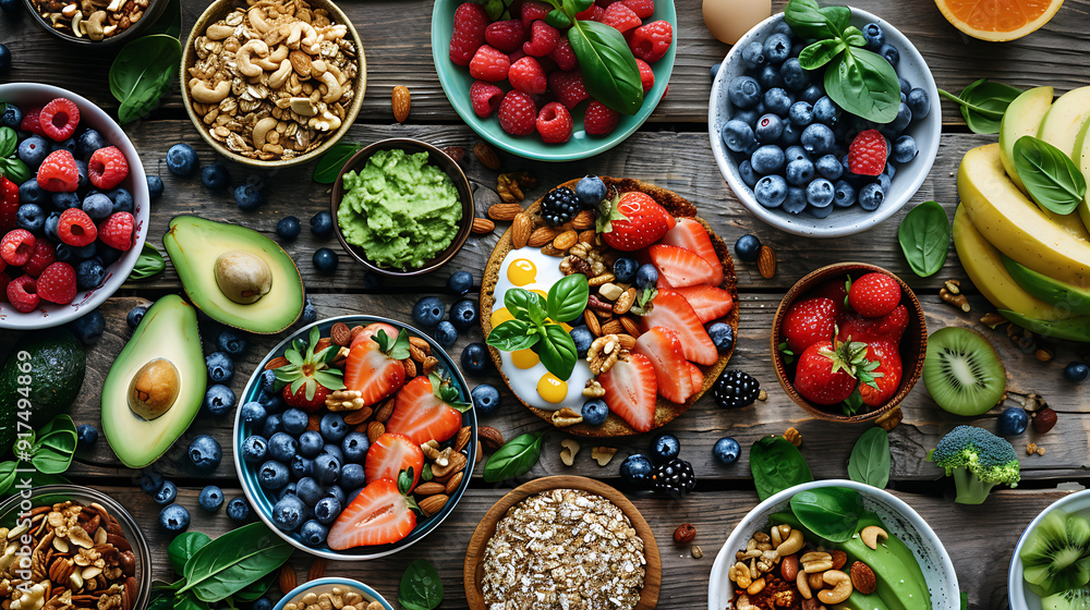 healthy food table top view featuring avocado toast, fresh fruits like strawberries and blueberries, bowls of yogurt with granola and nuts, directly above view, all arranged on a rustic wooden table. healthy food table top view featuring avocado toast, fresh fruits like strawberries and blueberries, bowls of yogurt with granola and nuts, directly above view, all arranged on a rustic wooden table.