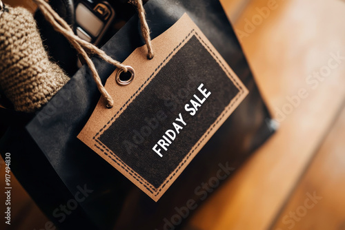 Close-up of black shopping bag with Friday sale tag, blurred background photo