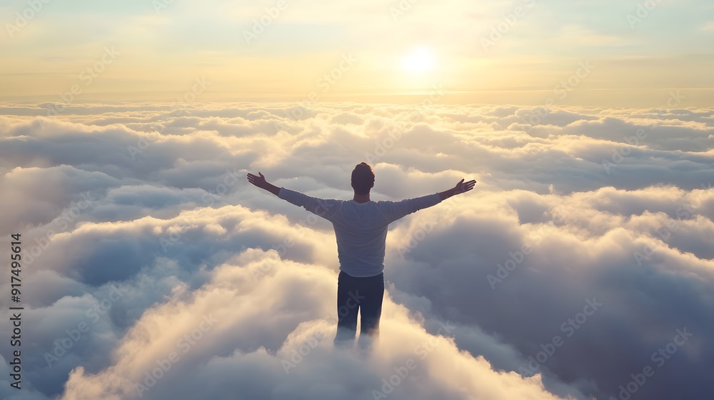 Man Standing Above Clouds with Arms Outstretched, Realistic Photo Man Standing Above Clouds with Arms Outstretched, Realistic Photo