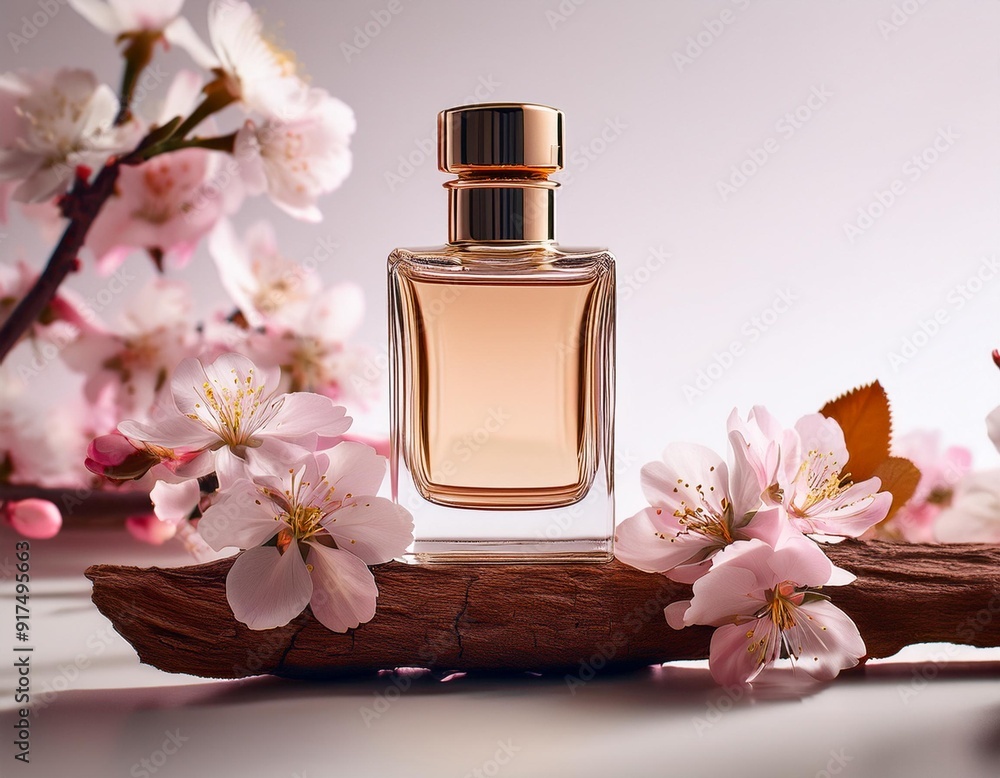 glass perfume bottle with fragments of wood and sakura flowers on a light background. Concept of delicate feminine floral perfume glass perfume bottle with fragments of wood and sakura flowers on a light background. Concept of delicate feminine floral perfume
