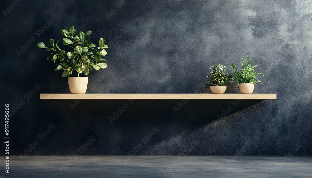 High-resolution illustration of simple wooden shelves on a dark wall, embodying modern architectural style. The concrete floor and symmetrical front view composition enhance the minimalist aesthetic High-resolution illustration of simple wooden shelves on a dark wall, embodying modern architectural style. The concrete floor and symmetrical front view composition enhance the minimalist aesthetic