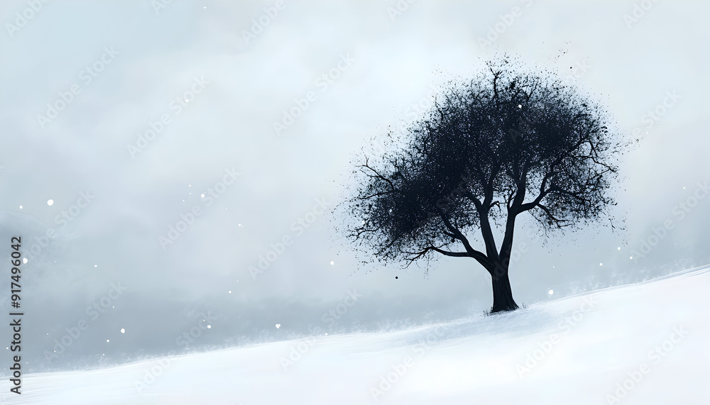 Illustration of a black tree in the snow with a foggy sky Illustration of a black tree in the snow with a foggy sky