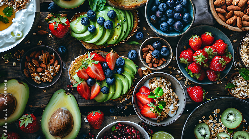 healthy food table top view featuring avocado toast, fresh fruits like strawberries and blueberries, bowls of yogurt with granola and nuts, directly above view, all arranged on a rustic wooden table. healthy food table top view featuring avocado toast, fresh fruits like strawberries and blueberries, bowls of yogurt with granola and nuts, directly above view, all arranged on a rustic wooden table.