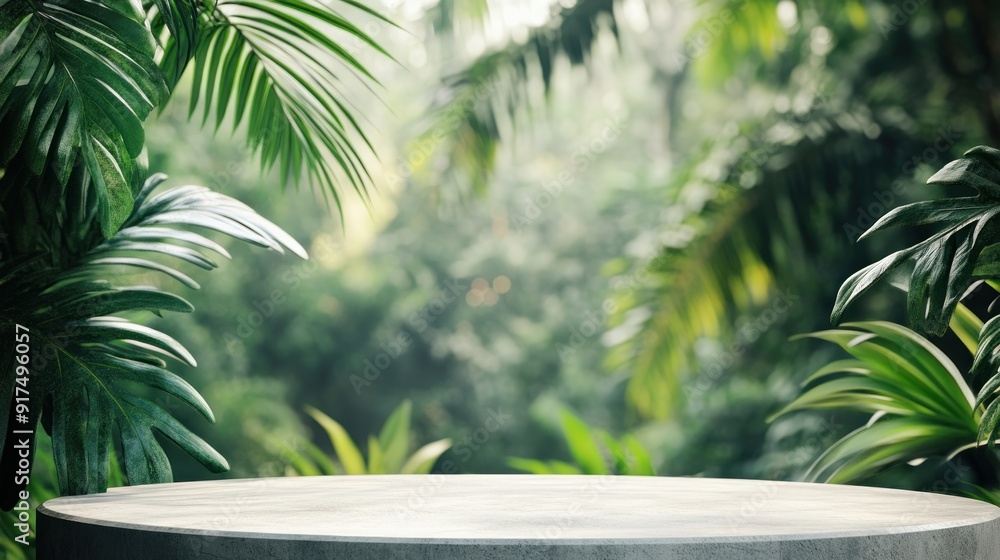 A large, round stone platform is surrounded by lush green foliage A large, round stone platform is surrounded by lush green foliage