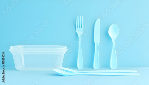 Illustration of a set of plastic tableware on a double blue background photo