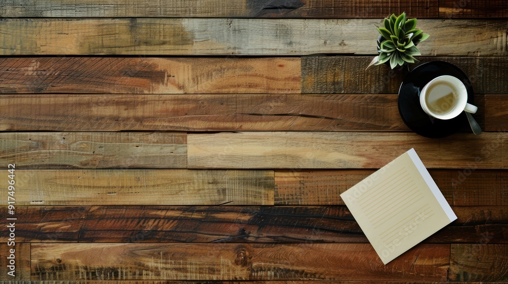 Fototapeta premium Wooden Desk With Coffee And Notebook