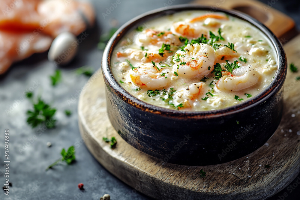 Bowl of delicious home made seafood chowder with salmon, haddock, scallops, clams and shrimp Bowl of delicious home made seafood chowder with salmon, haddock, scallops, clams and shrimp