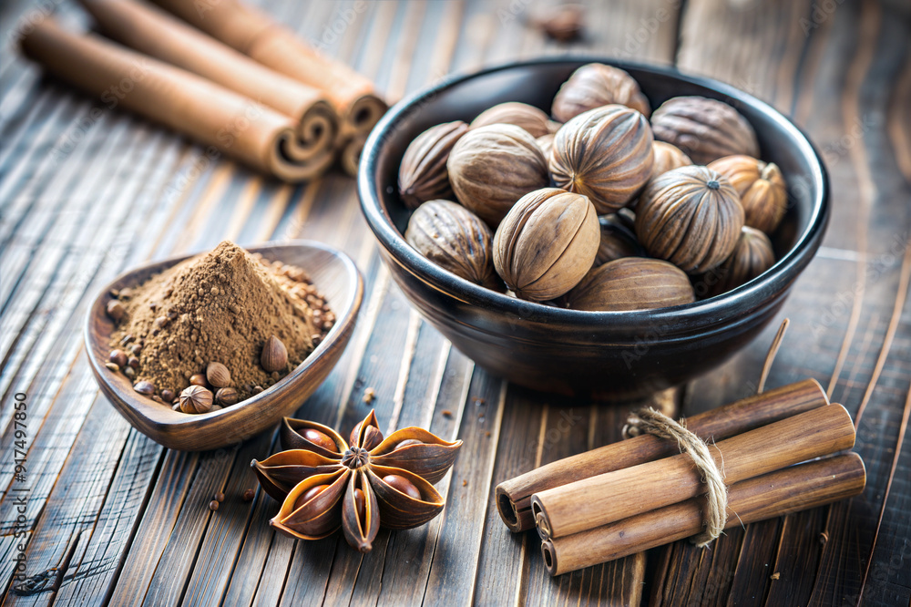 Assorted Spices with Nutmeg, Star Anise, Cinnamon Sticks, and Bowl of Whole Nuts on Dark Slate Surface Assorted Spices with Nutmeg, Star Anise, Cinnamon Sticks, and Bowl of Whole Nuts on Dark Slate Surface