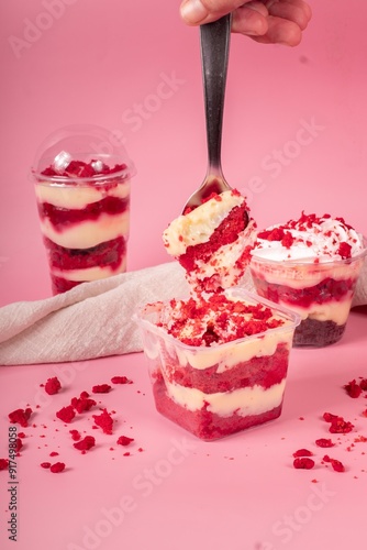 bolo de pote red velvet com recheio de brigadeiro branco e cobertura. photo