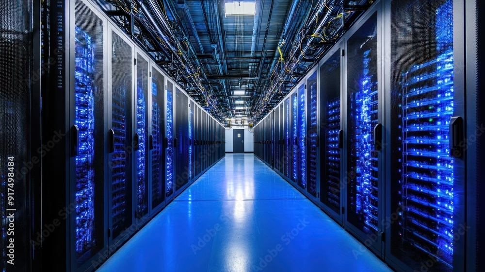 Obraz premium A long hallway with many computer servers