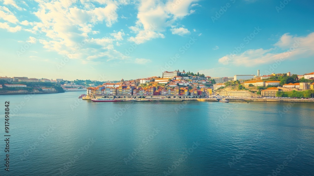 River View of a Colorful Cityscape with Blue Sky and Clouds River View of a Colorful Cityscape with Blue Sky and Clouds