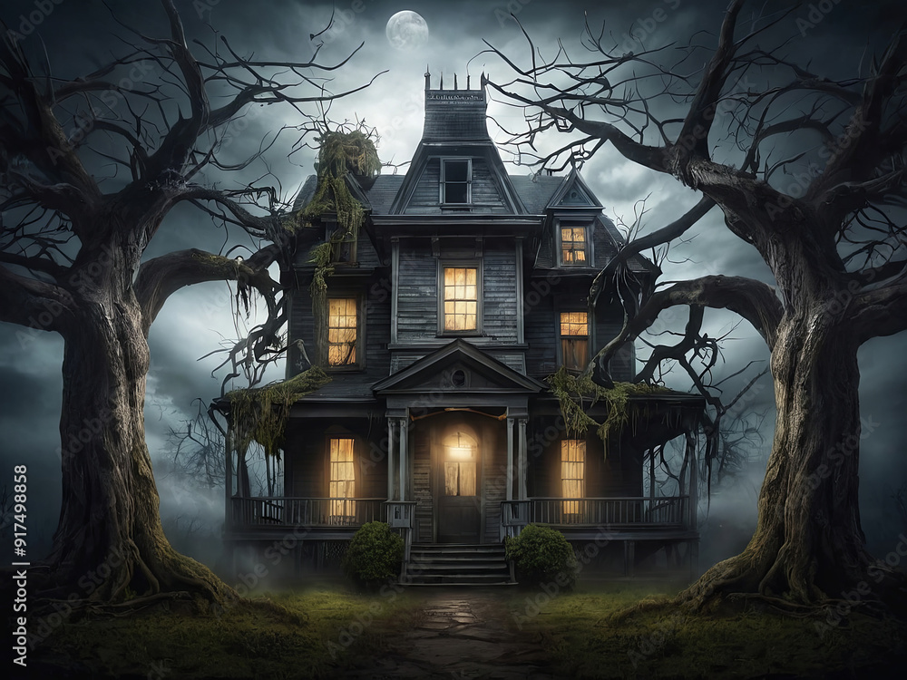 a haunted house with a tree in the middle