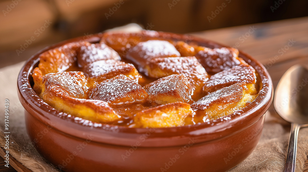 A warm, comforting pumpkin bread pudding with a crispy top and soft, custardy interior A warm, comforting pumpkin bread pudding with a crispy top and soft, custardy interior