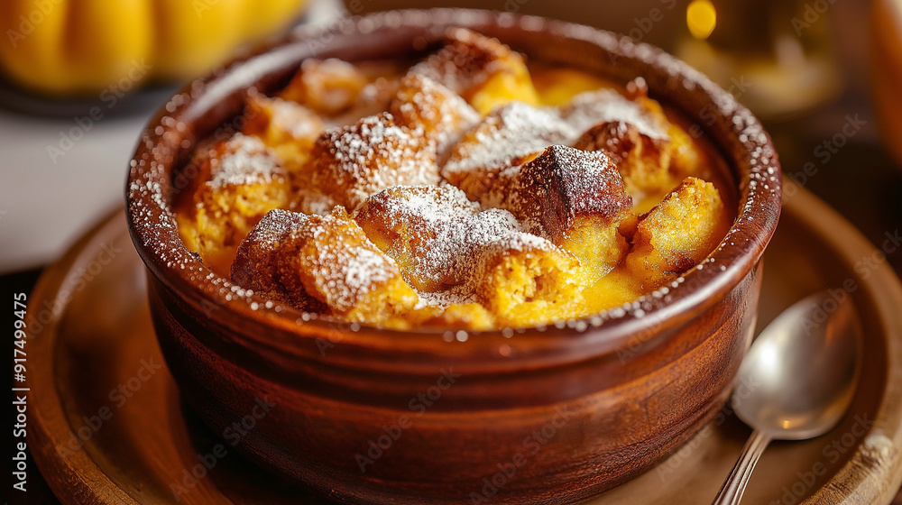 A warm, comforting pumpkin bread pudding with a crispy top and soft, custardy interior A warm, comforting pumpkin bread pudding with a crispy top and soft, custardy interior