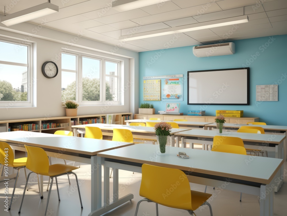 A modern classroom with blue walls, bright windows, white ceiling, yellow chairs, and white desks. A modern classroom with blue walls, bright windows, white ceiling, yellow chairs, and white desks.