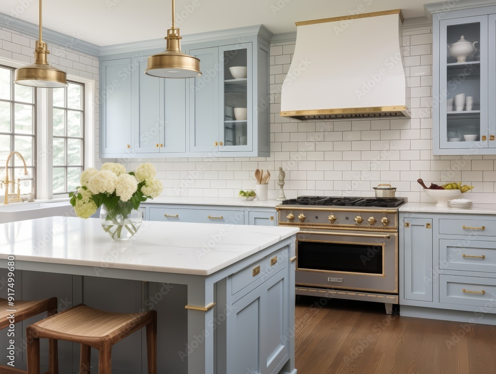 A modern kitchen with light blue cabinets, white subway tile backsplash, gold accents, and a stainless steel stove. A modern kitchen with light blue cabinets, white subway tile backsplash, gold accents, and a stainless steel stove.