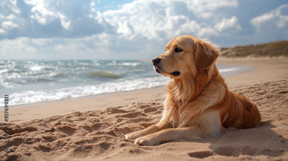 A golden retriever is laying on the beach, looking out at the ocean A golden retriever is laying on the beach, looking out at the ocean