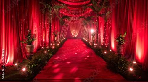 A glamorous red carpet look with dramatic lighting