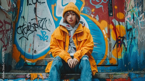 A streetwear fashion look with graffiti background