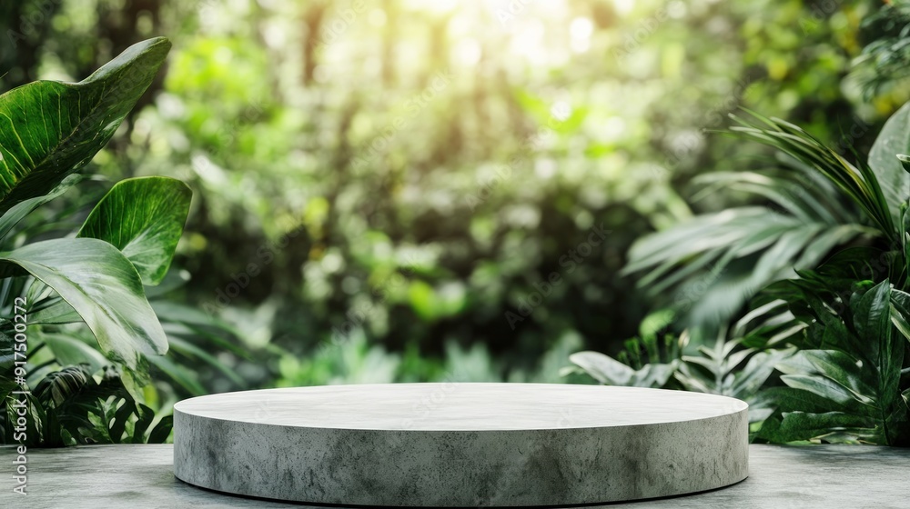 A large, round stone platform is surrounded by lush green foliage A large, round stone platform is surrounded by lush green foliage