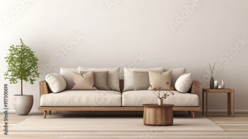 Minimalist living room interior design with white sofa, wooden coffee table, and potted plant on a rug.