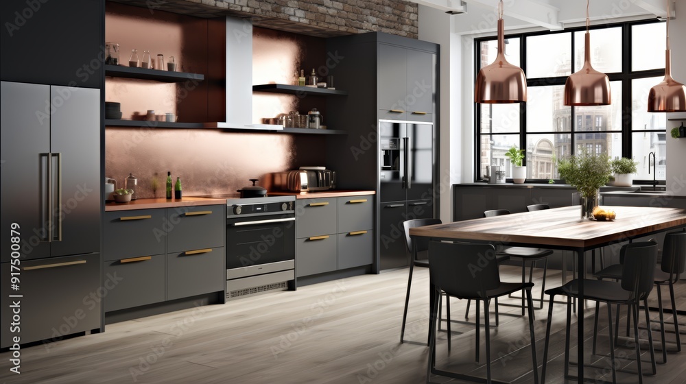 Modern kitchen with copper accents, black cabinets, and a wooden table with chairs. Modern kitchen with copper accents, black cabinets, and a wooden table with chairs.
