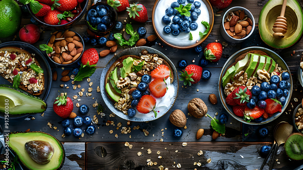 healthy food table top view featuring avocado toast, fresh fruits like strawberries and blueberries, bowls of yogurt with granola and nuts, directly above view, all arranged on a rustic wooden table. healthy food table top view featuring avocado toast, fresh fruits like strawberries and blueberries, bowls of yogurt with granola and nuts, directly above view, all arranged on a rustic wooden table.