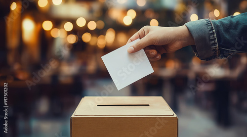 Hand placing voting ballot in ballot box on blurred polling place, concept of a person voting during elections 