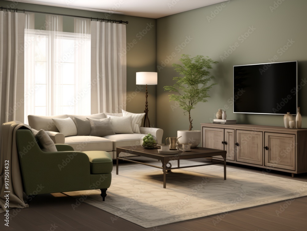 Modern living room with a white sofa, green armchair, and a wooden coffee table with a vase of apples. Modern living room with a white sofa, green armchair, and a wooden coffee table with a vase of apples.