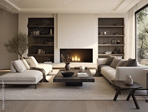 Modern living room with fireplace and white sofas, a wooden coffee table, and a rug on a wooden floor.