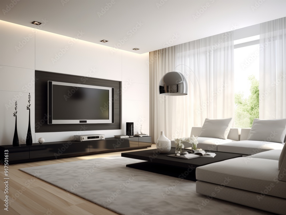 Modern living room with white sofa, black TV, and a large white rug. Modern living room with white sofa, black TV, and a large white rug.