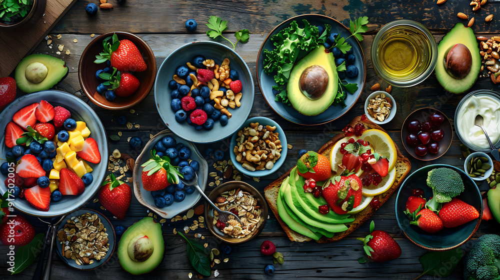 healthy food table top view featuring avocado toast, fresh fruits like strawberries and blueberries, bowls of yogurt with granola and nuts, directly above view, all arranged on a rustic wooden table. healthy food table top view featuring avocado toast, fresh fruits like strawberries and blueberries, bowls of yogurt with granola and nuts, directly above view, all arranged on a rustic wooden table.