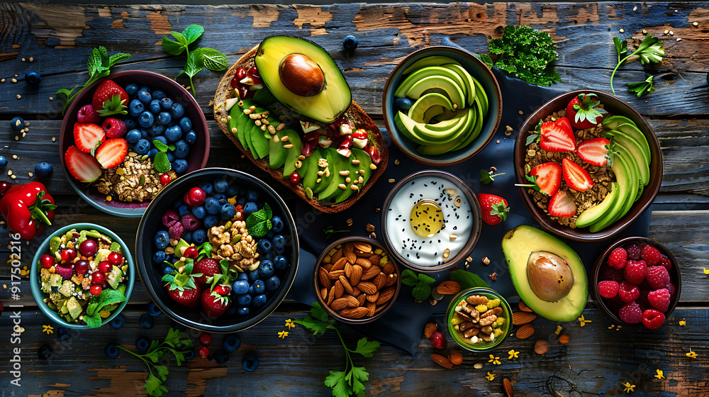 Fototapeta premium healthy food table top view featuring avocado toast, fresh fruits like strawberries and blueberries, bowls of yogurt with granola and nuts, directly above view, all arranged on a rustic wooden table.