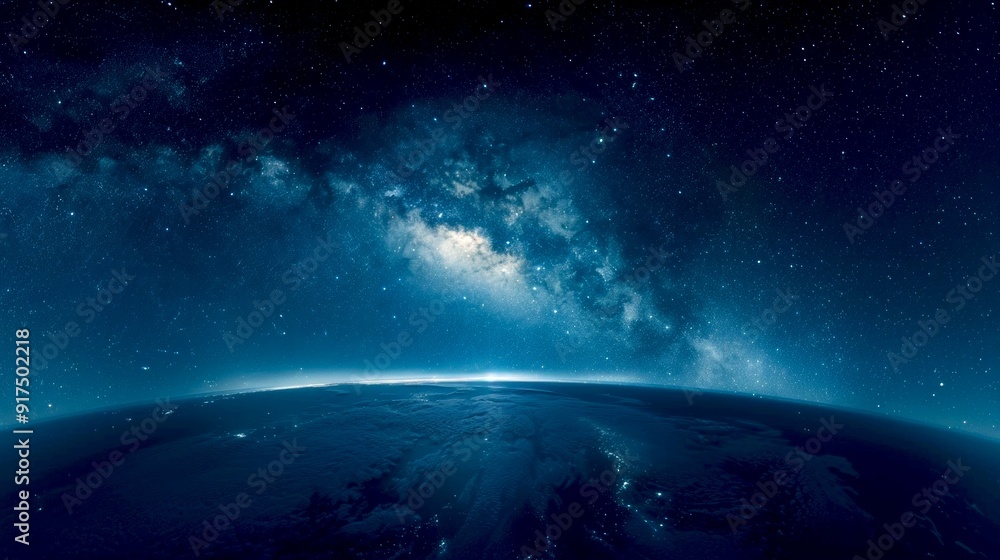 Fototapeta premium Stunning view of the Milky Way galaxy over the Earth's horizon. A beautiful starry night sky with cosmic colors. Perfect for sci-fi and space-themed projects. Captivating and serene atmosphere. AI